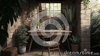 Home office with a garden indoors with a laptop on a rustic table, surrounded by greenery, fresh air. Stock Photo