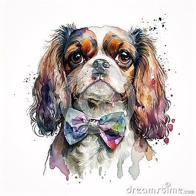 Whimsical Watercolor Illustrations of Cavalier King Charles Spaniel Puppies AI Generated Stock Photo