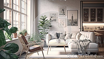 Bring the Tropics Home with a Minimalist Living Room Sofa Table - Generative AI Stock Photo