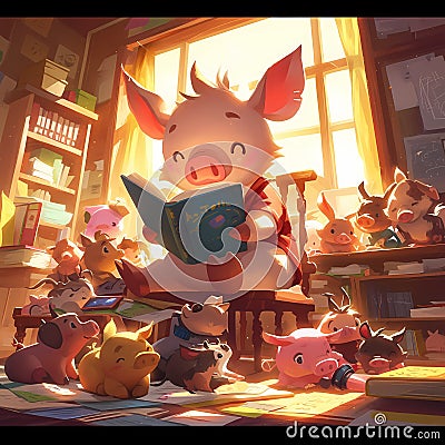 Heartwarming Piglet Storytime Cartoon Illustration