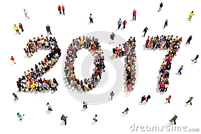 Bringing in the new year. Large group of people in the shape of 2017 celebrating a new year , or future goals and growth concept Stock Photo