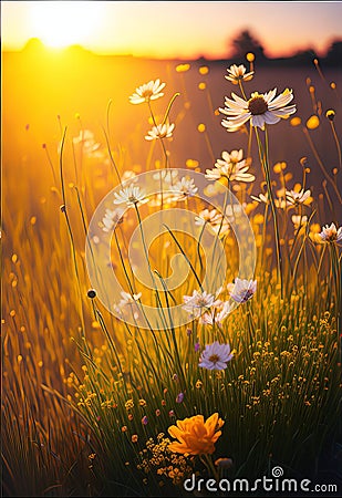 Brings to Life a Field of Wildflowers in the Warm Sunset Light of a Blooming Spring Meadow. Stock Photo