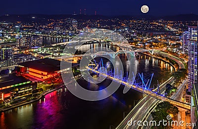 Brisbane City Full moon Night Aerial View Editorial Stock Photo