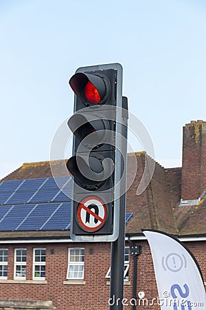 A close up view of a red robot or traffic light Stock Photo