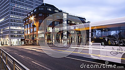 Bristol Bridge Bus with light trails at dawn Editorial Stock Photo