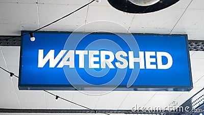 Bristol, UK - February 12 2020: Illuminated sign for the Watershed cinema and venue on Canon`s Road Editorial Stock Photo