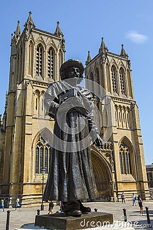 Raja Rammohun Roy Statue and Bristol Cathedral Editorial Stock Photo