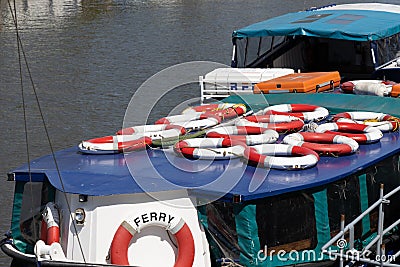 Lifebuoys on the roof of the ferry on the River Avon in Bristol on May 14, 2019 Editorial Stock Photo