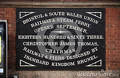 Bristol, United Kingdom, 21st February 2019, commemorative sign Bristol Temple Meads Station Editorial Stock Photo