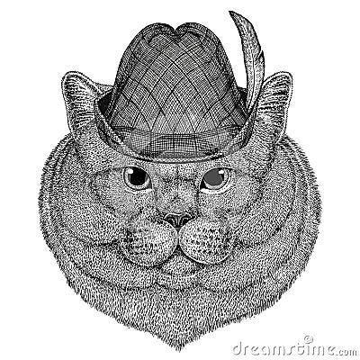 Brithish noble cat Male Wild animal wearing tirol hat Oktoberfest autumn festival Beer fest illustration Bavarian beer Cartoon Illustration