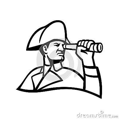 British Admiral Looking Thru Telescope Mascot Black and White Vector Illustration