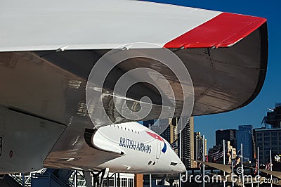 British Airways Concorde supersonic passenger jet on display at the Intrepid Sea, Air and Space Museum in New York City. Editorial Stock Photo