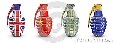 British, Chinese, 100 euro and EU grenades Stock Photo