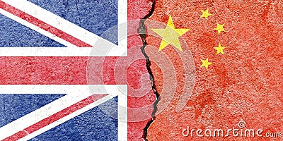 British and Chinese flag on a cracked wall-politics, war, conflict concept Stock Photo