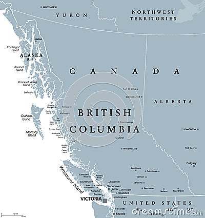 British Columbia, BC, province of Canada, gray political map Vector Illustration