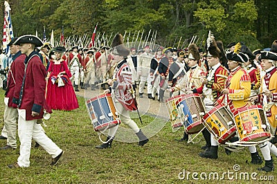 British fife and drum marches on Surrender Road at the 225th Anniversary of the Victory at Yorktown, a reenactment of the siege of Editorial Stock Photo