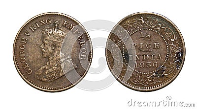 British Indian King George V 1/2 or Half Pice 1936 Stock Photo