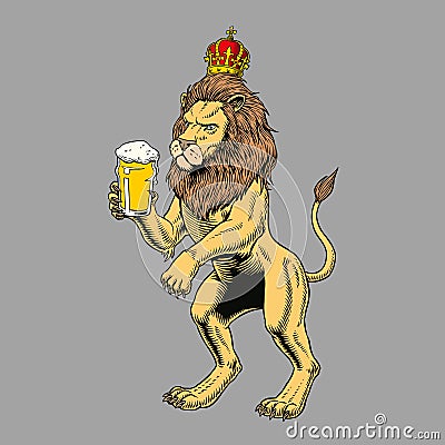 British Lion drinking beer, isolated. Funny royal heraldic symbol. Comic style vector illustration. Vector Illustration