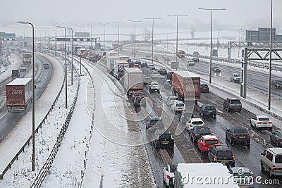 British motorway M1 during snow storm Editorial Stock Photo