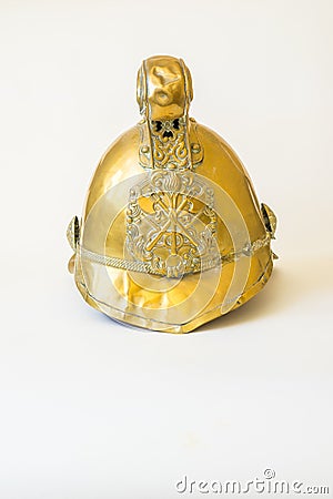 British Other Ranks Merryweather Brass Fire Helmet, front view Stock Photo