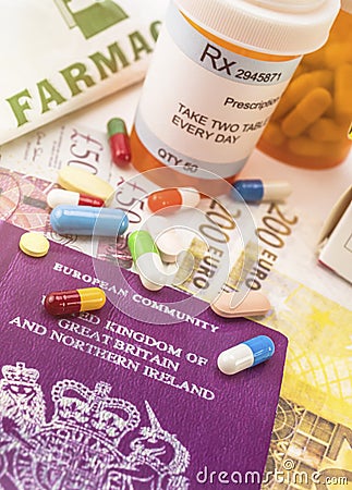 British passport along with several bottles of medicines, concept of medical increase in the crisis of the brexit Editorial Stock Photo