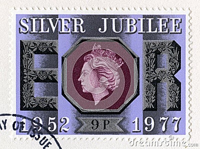 British Postage Stamp Celebrating the Queen`s Silver Jubilee Editorial Stock Photo