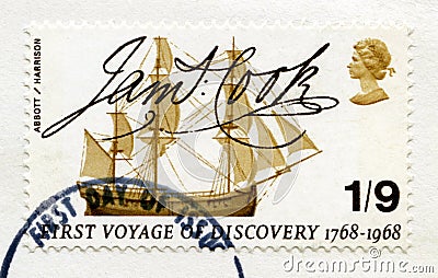 British Postage Stamp Commemorating Captain James Cook`s First V Editorial Stock Photo