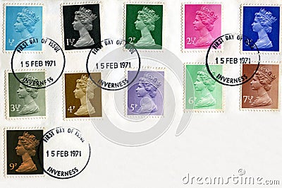 British postage stamps decimalisation 1971 Editorial Stock Photo