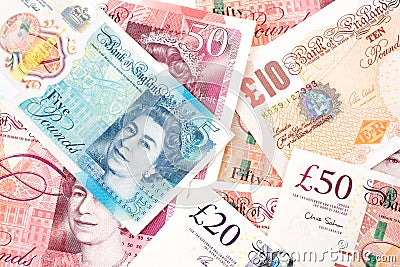 British Pound money bills of United Kingdom in Different value Editorial Stock Photo