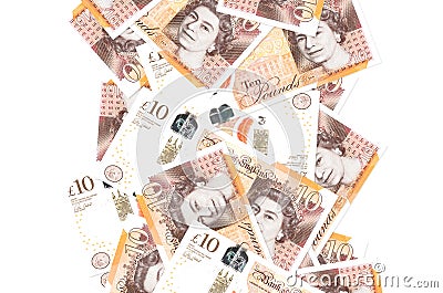 10 British pounds bills flying down isolated on white. Many banknotes falling with white copyspace on left and right side Editorial Stock Photo