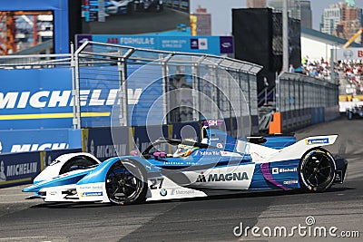 British professional racing driver Alexander Sims of BMW Andretti Team driving his Formula E car 27 during 2019 NYC E-prix Editorial Stock Photo