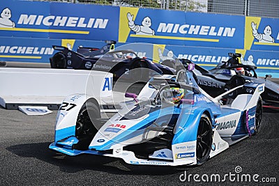 British professional racing driver Alexander Sims of BMW Andretti Team driving his Formula E car 27 during 2019 NYC E-prix Editorial Stock Photo