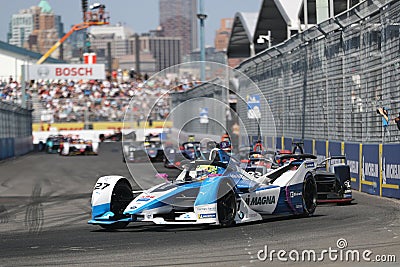 British professional racing driver Alexander Sims of BMW Andretti Team driving his Formula E car 27 during 2019 NYC E-prix Editorial Stock Photo