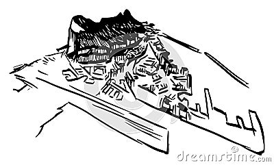 The Rock of Gibraltar in black and white Cartoon Illustration