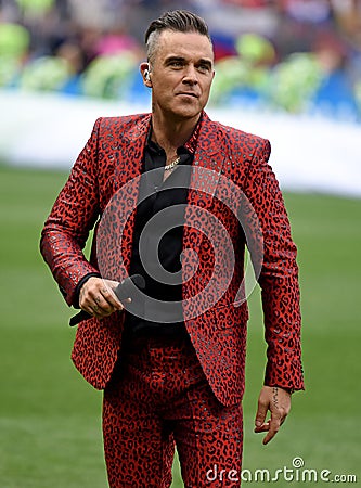 British singer Robbie Williams performing at the opening ceremony of FIFA World Cup 2018 in Russia. Editorial Stock Photo