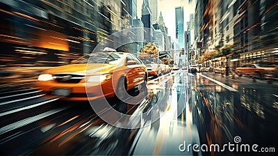 British taxi, black cab on city road, motion blur with beautiful lights reflection and focus on automobile Stock Photo