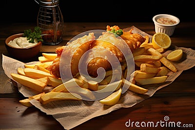 British traditional fish and chips with pea puree and tartar sauce Stock Photo