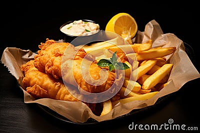 British traditional fish and chips with pea puree and tartar sauce Stock Photo