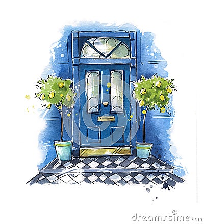 British traditional home entrance door , watercolor painting Stock Photo