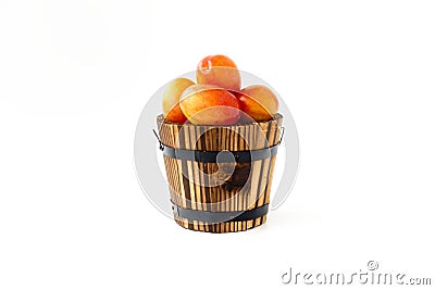 British Victoria Plums in Wooden Plant Pot isolated on White Background Stock Photo