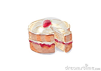 British Victoria sponge cake watercolor art Cartoon Illustration