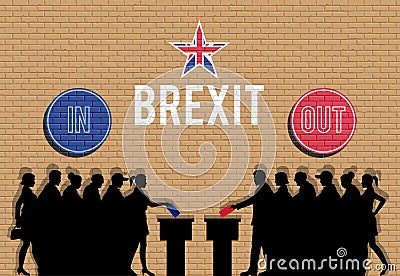 British voters crowd silhouette in Brexit with in and out signs Vector Illustration