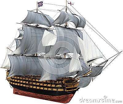 British Warship, Tall Sails, Isolated Cartoon Illustration