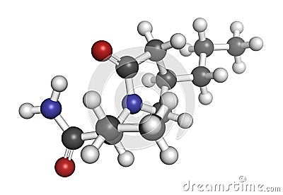 Brivaracetam anticonvulsant drug molecule. Used in treatment of seizures. Atoms are represented as spheres with conventional color Stock Photo