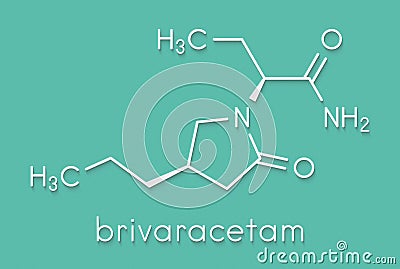 Brivaracetam anticonvulsant drug molecule. Used in treatment of seizures. Skeletal formula. Stock Photo