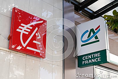 Caisse d`epargne and Credit Agricole sign logo brand store french Bank agenc Editorial Stock Photo