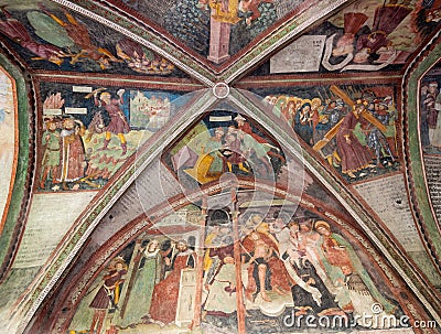 BRIXEN - BRESSONONE, ITALY - AUGUST 31, 2019: Detail of Cathedral cloister, with frescoed ceiling of Bible scenes. Editorial Stock Photo