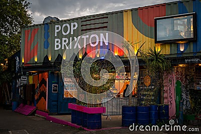 Brixton, London, UK: Entrance to Pop Brixton, a community space supporting independent local restaurants, bars and businesses Editorial Stock Photo