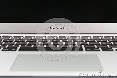 Open modern new laptop, close up view. Editorial Stock Photo