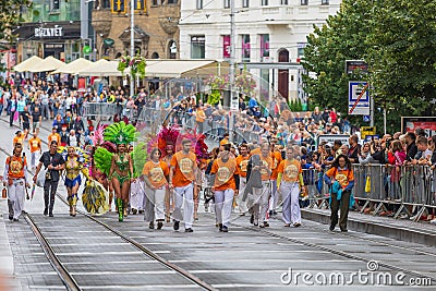 Brno, Czech Republic, August 05 2023 - Brasil Fest Brno 2023 parade of dancers and drummers in beautiful costumes Editorial Stock Photo